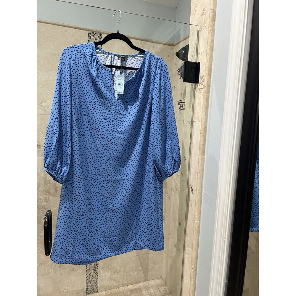 Ann Taylor Blue Ditsy Floral Polka Dot Long Sleeve Shirt Dress Size MP Petite
